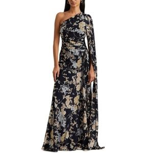 Women's Ralph Lauren Floral One Shoulder Georgette Gown black Size 12 NWOT